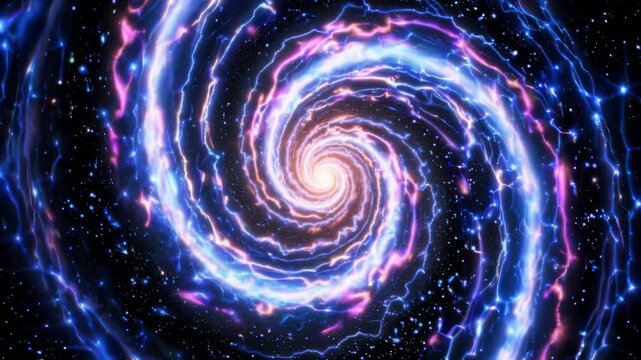 Spiral galaxy spins to bright core. Colorful nebula forms vortex of gas. Starfield and star orbit in swirl. Cosmos adds depth and scale. Imagery suggests wormhole. Glow and spark fill deep space.