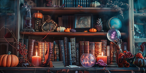 Enchanting bookshelf filled with antique books, glowing pumpkins, and mystical objects for a magical autumn scene.