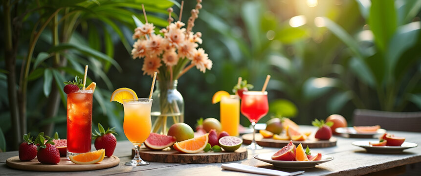 Lush Tropical Garden Setup for Chic Summer Party with Fruity Drinks and Vibrant Decor - Perfect Photo Stock Concept with Empty Space