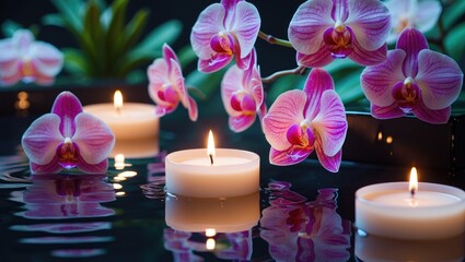 Flowers and tea lights on water with candles, relaxing spa, wellness, and tranquility concept. Floral and candlelight ambiance. The concept of relaxation and serenity.