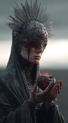 A photorealistic fantasy artwork of a dark queen in ceremonial robes, wearing regal adornments and holding a symbolic stone heart.