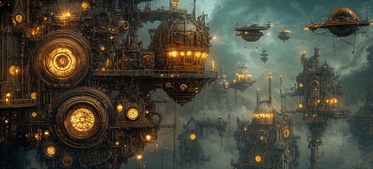 Futuristic steampunk city with flying platforms and glowing machinery