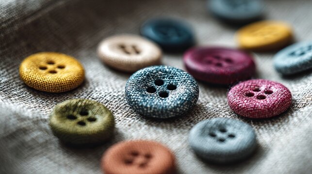 Colorful array of fabric-covered buttons scattered on a textured surface, creating a vibrant and artistic display.