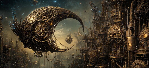 Complex steampunk city with a giant mechanical crescent moon