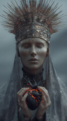 A photorealistic fantasy artwork of a dark queen in ceremonial robes, wearing regal adornments and holding a symbolic stone heart.