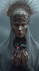 A photorealistic fantasy artwork of a dark queen in ceremonial robes, wearing regal adornments and holding a symbolic stone heart.