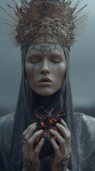 A photorealistic fantasy artwork of a dark queen in ceremonial robes, wearing regal adornments and holding a symbolic stone heart.