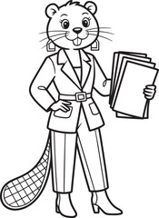 Business Beaver in Suit Holding Documents Cartoon Character Line Art Illustration