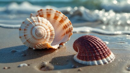Seashells on the sandy beach with waves in the background. Ocean and coastal scenery. Nature and marine life. The concept of beach relaxation and seaside environment.