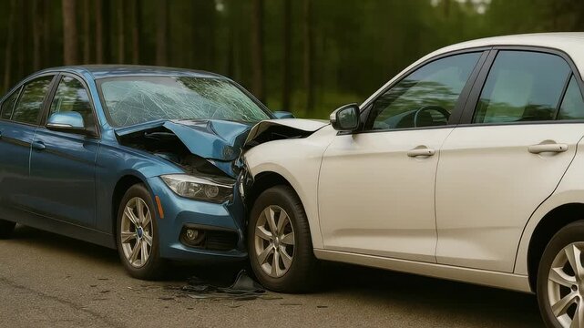 Car accident scene on a rural road with two cars severely damaged, showing the aftermath of a collision.