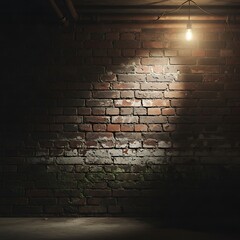 A dimly lit basement interior, spotlighting a weathered brick wall.