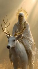 An ultra-photorealistic cinematic fantasy artwork of a woman in flowing white robes riding a majestic white reindeer, radiating ethereal elegance.