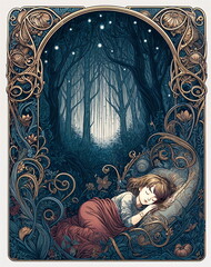 Sleeping girl in a magical forest surrounded by ornate frame