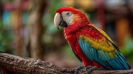 Obraz premium Colorful scarlet macaw perched on a branch, showcasing vibrant red, yellow, and blue feathers against a blurred background.