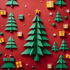 Red background, Christmas tree, colorful gift box, gold, red