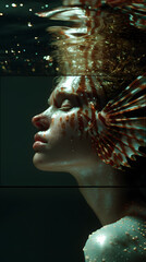 An ultra-photorealistic cinematic fantasy portrait of a woman morphed from a lionfish, blending marine elegance with surreal transformation.