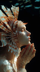 An ultra-photorealistic cinematic fantasy portrait of a woman morphed from a lionfish, blending marine elegance with surreal transformation.