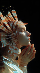 An ultra-photorealistic cinematic fantasy portrait of a woman morphed from a lionfish, blending marine elegance with surreal transformation.
