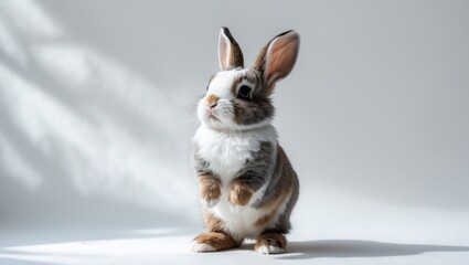 Cute baby rabbit with one eye winking, sitting on a light background. Adorable furry animal, domestic pet, and playful creature.