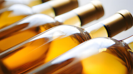 Close-up of wine bottle row, glass reflections, amber liquid tones, elegant beverage presentation.
