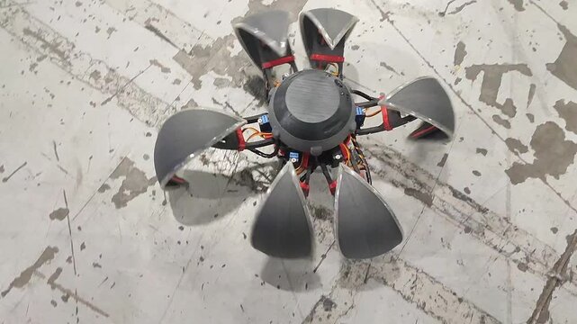 Moving small robot on remote control. Radio controlled robot. Small robot folds into ball and moves on blades. Technology engineering. Industry new robotics. Smart technologies. Robotized innovative