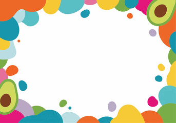 A vibrant and playful border frame with colorful abstract shapes and avocados on a white background.
