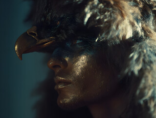 An ultra-photorealistic close-up portrait of a fierce warrior adorned with feathers, radiating strength, determination, and tribal elegance.