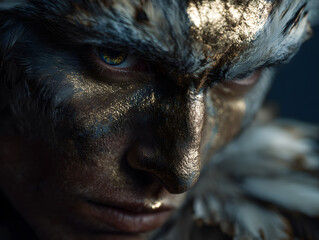An ultra-photorealistic close-up portrait of a fierce warrior adorned with feathers, radiating strength, determination, and tribal elegance.