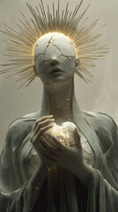 A photorealistic fantasy artwork of a statue-like oracle carved from marble, with glowing cracks revealing a mystical human essence.