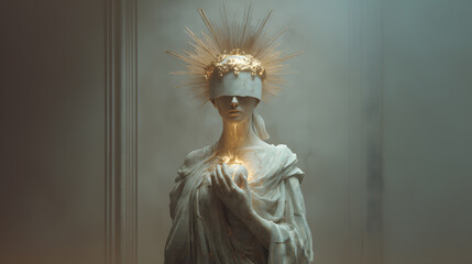 A photorealistic fantasy artwork of a statue-like oracle carved from marble, with glowing cracks revealing a mystical human essence.