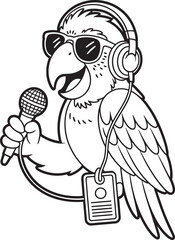 Cartoon Parrot Singer with Microphone and Headphones, Isolated Vector Illustration on Transparent