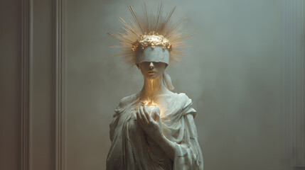 A photorealistic fantasy artwork of a statue-like oracle carved from marble, with glowing cracks revealing a mystical human essence.