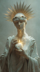 A photorealistic fantasy artwork of a statue-like oracle carved from marble, with glowing cracks revealing a mystical human essence.