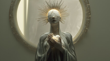 A photorealistic fantasy artwork of a statue-like oracle carved from marble, with glowing cracks revealing a mystical human essence.