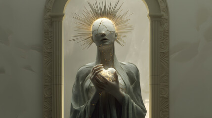 A photorealistic fantasy artwork of a statue-like oracle carved from marble, with glowing cracks revealing a mystical human essence.