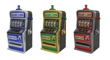 Colorful slot machines gleam with a metallic finish, perfect for casino ads, game UI, or branding materials.