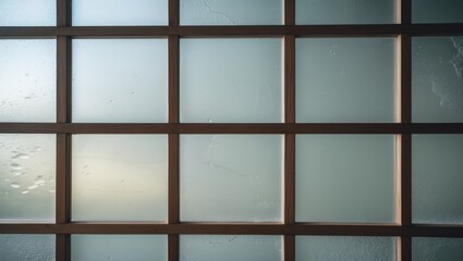 Certainly, here's the paraphrased version of the image name:

Glass window with wooden frames, frosted and clear panes, showing a blurry view outside during daytime.