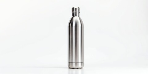 Sleek stainless steel water bottle on white background, isolated, minimal shadows, lifestyle fitness