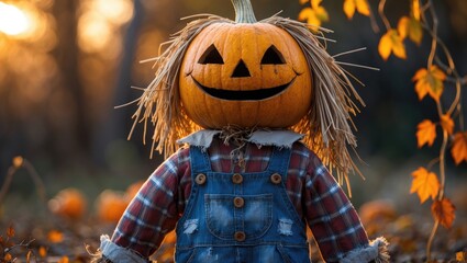 Naklejka premium A scarecrow with a carved pumpkin head, wearing denim overalls and a plaid shirt, set against a fall-colored outdoor background.