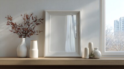 Window curtains modern living room 3D rendering blank picture frame mockup on shelf
