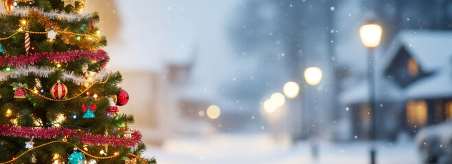 Decorated christmas tree with colorful lights and vintage ornaments. Holiday celebration concept with bokeh street lights and falling snow.