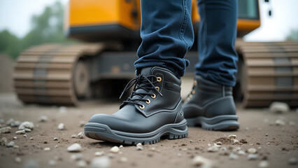 Workers wearing safety shoes in factory or construction site, work safety concept.