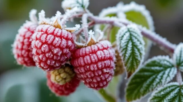 A close-up of ripe red raspberries covered in delicate white frost on a cold morning.