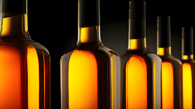 Close-up of wine bottle row, glass reflections, amber liquid tones, elegant beverage presentation.