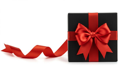 Black gift box, red ribbon, white background, Black Friday