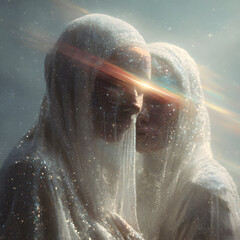 An ultra-photorealistic cinematic fantasy artwork of elves and priests standing together, radiating mystical power and ethereal presence.
