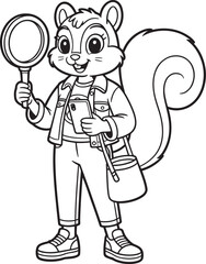 Detective Squirrel with Magnifying Glass and Bag Outline Vector Illustration Design