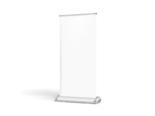 Blank vertical roll-up banner stand vector mockup. Pull-up roller portable signage mock-up. White pop-up advertising display template