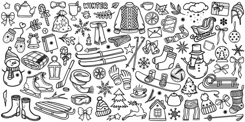 Big Merry Christmas and happy New Year festive vector collection. Different hand drawn doodle elements, Christmas tree, cozy sweater, Winter holidays attributes.