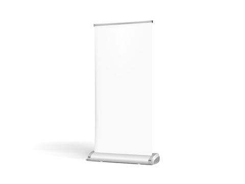 Blank vertical roll-up banner stand vector mockup. Pull-up roller portable signage mock-up. White pop-up advertising display template